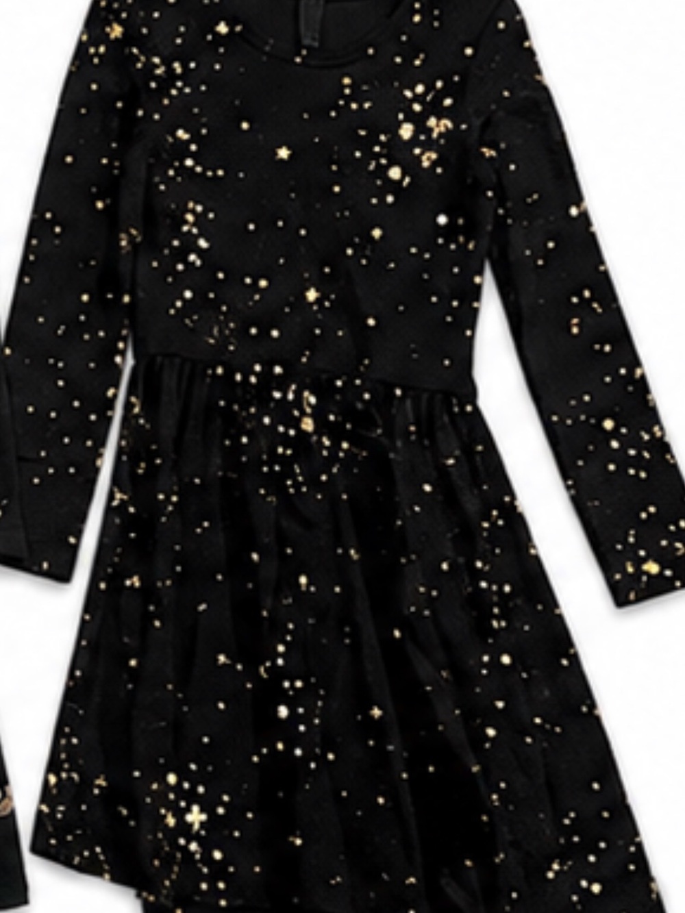 Girls' Black Long-Sleeve Dress with Gold Star Print